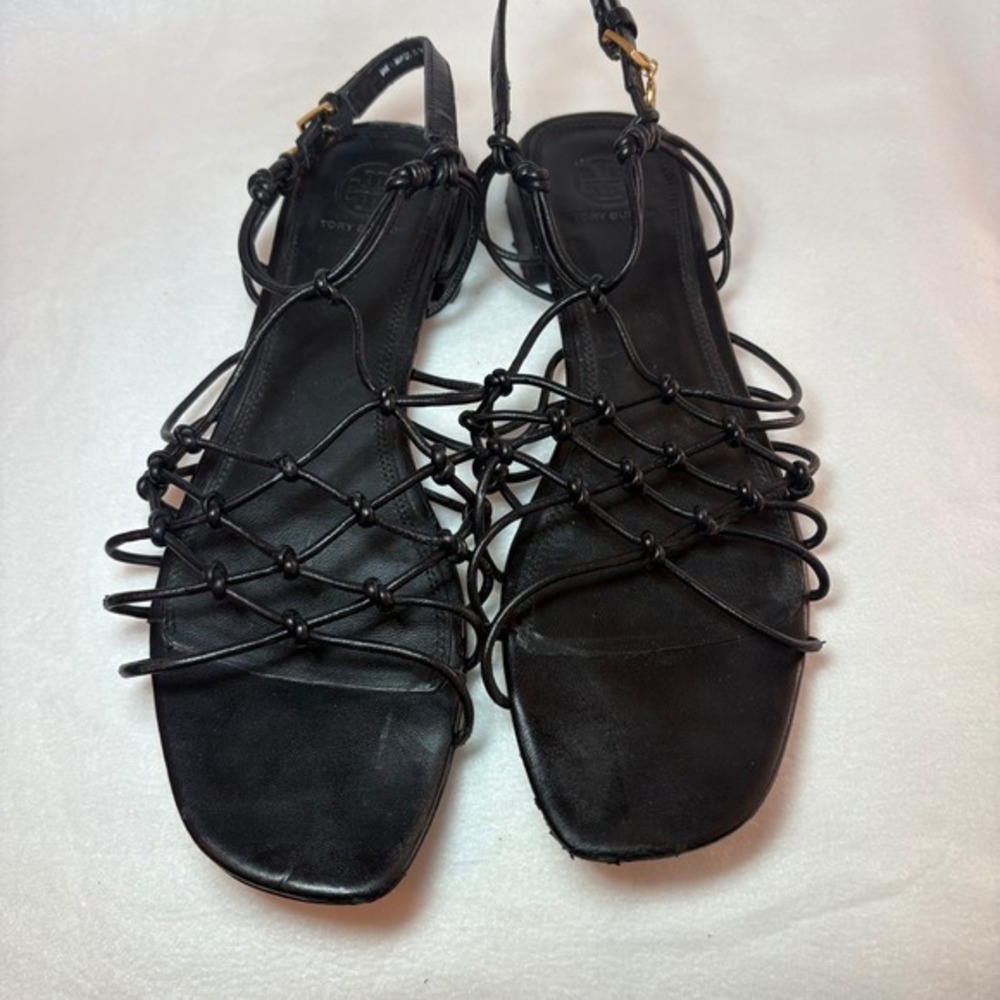 Tory Burch Barely There Knotted Sandals Gold Logo Charm Size 9
